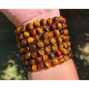 One Tigers Eye Bracelet, Stretchy Gemstone Beaded Bracelet, Gold Red Blue 8mm
